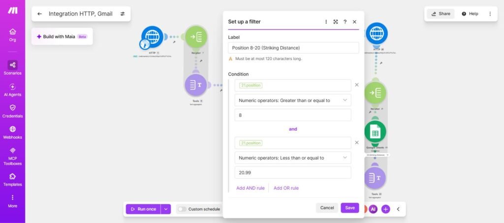 Make.com scenario filter isolating GSC pages at position 8 to 20 for striking distance SEO reporting